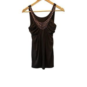 Brown Beaded Scoop Neck Empire Waist Stretch Tank Top S